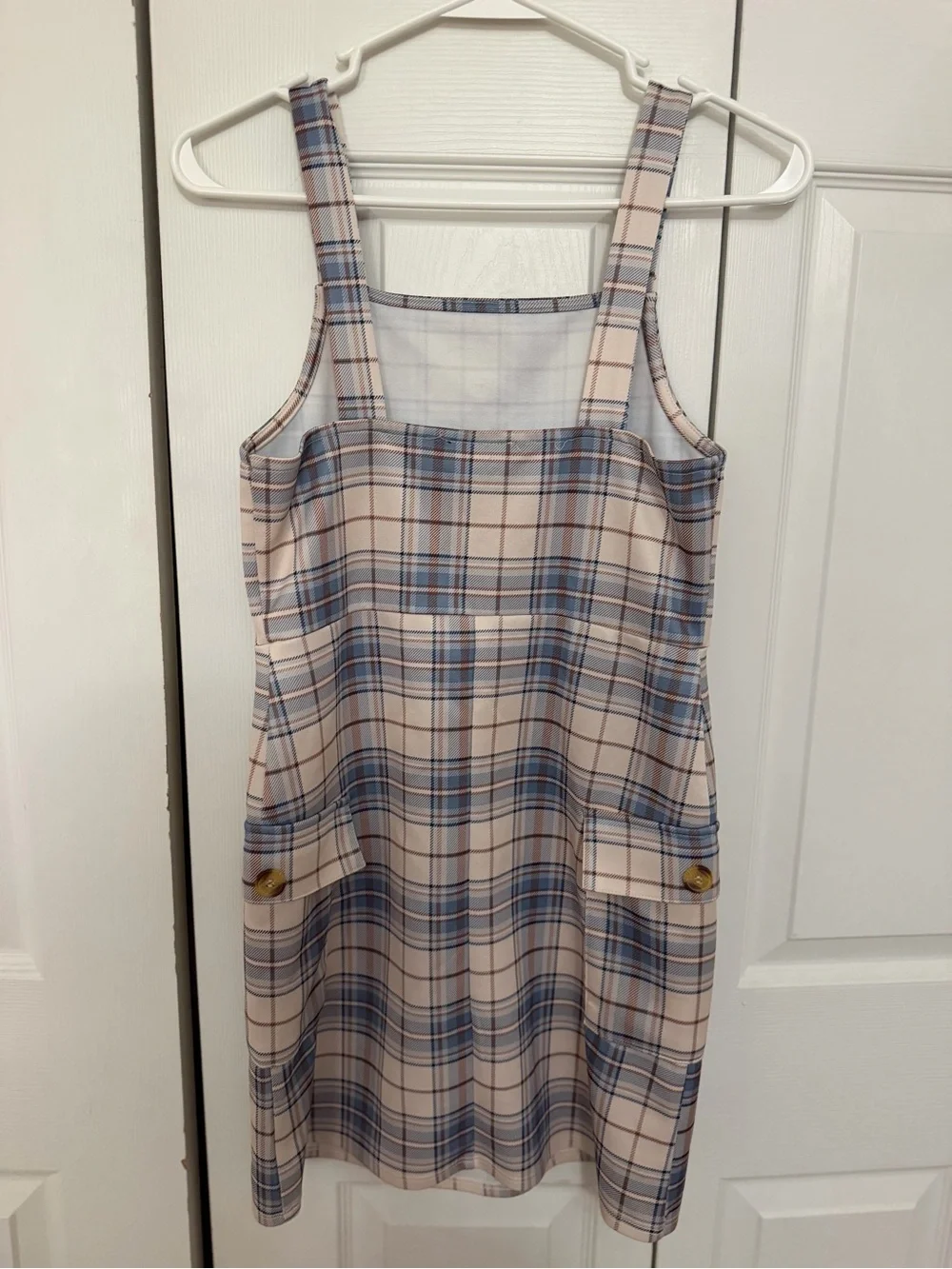 Beauties by Amy Byer Beige and Blue Plaid Pinafore Mini Dress